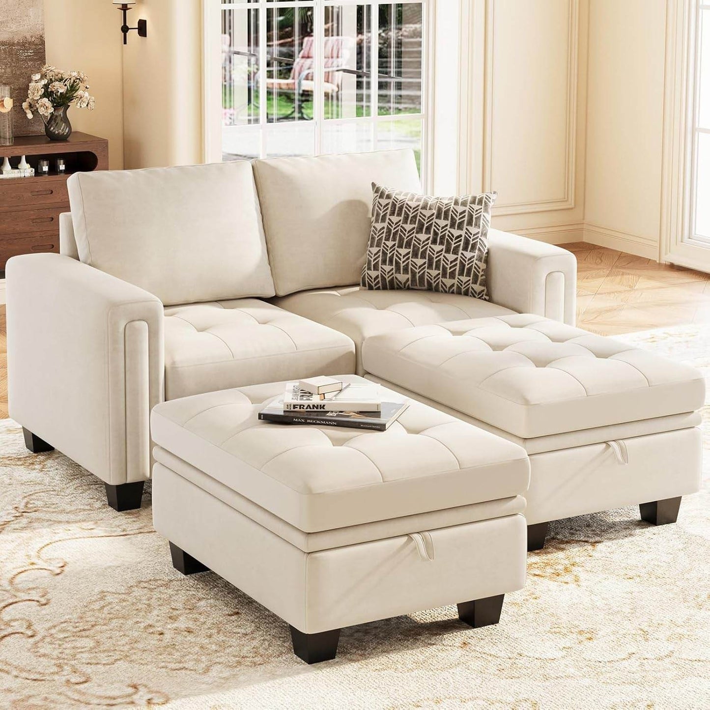 Velvet Modular Sectional Sofa Couch with Storage Convertible Sectional Sleeper Sofa Couch Bed Set with Reversible Chaise Beige - Loft&Timber