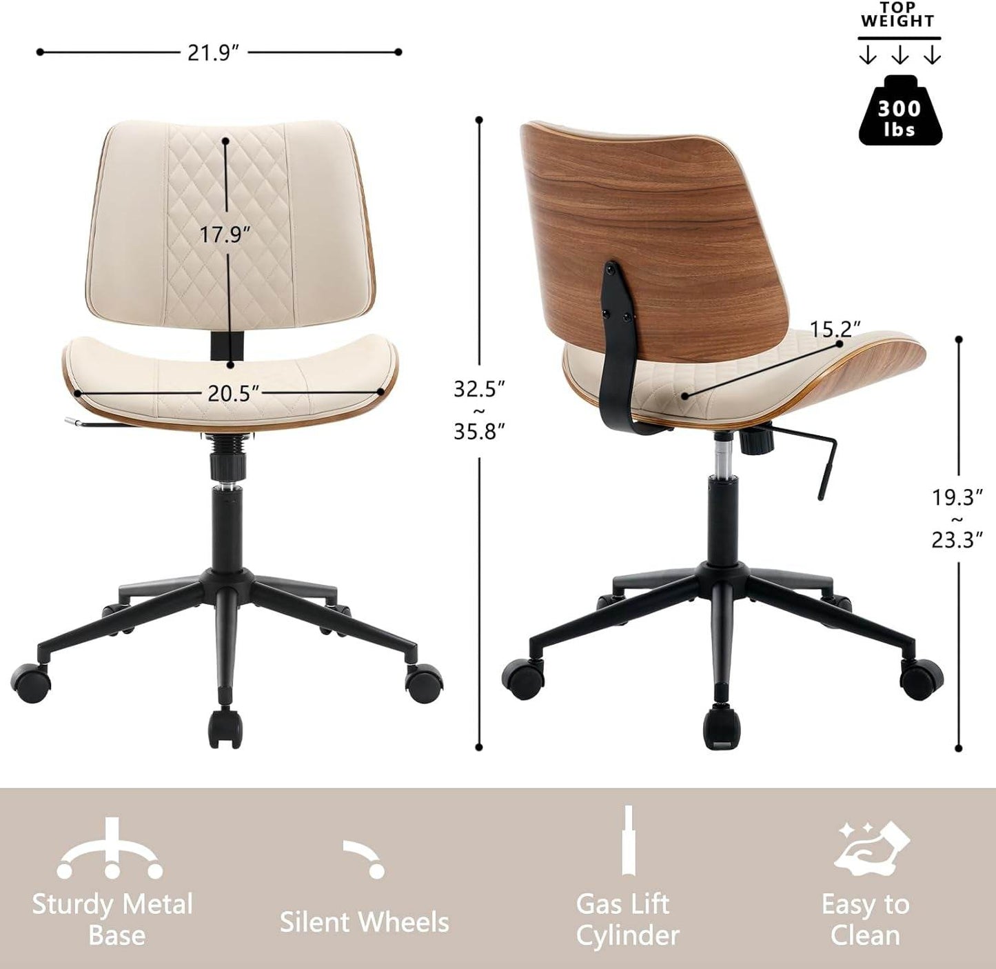 Home Office Chair No Arms with Wheels (Beige) - Loft&Timber