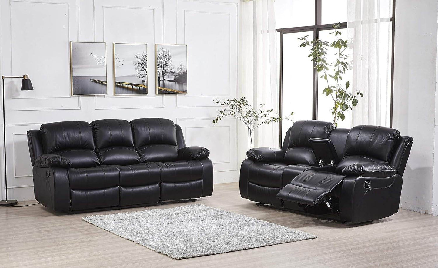 2PC Bonded Leather Recliner Set, Sofa, Loveseat, 8018, Black - Loft&Timber