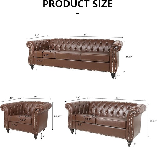 3 Piece Living Room Sofa Set, Chesterfield 3 Seat Sofa Loveseat Sofa Armchair, Modern Leather Couch Set with Rolled Arms and Nailhead Upholstered for Living Room, Office and Apartment, Brown-1