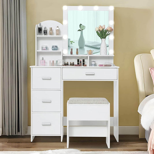 White Vanity Desk with Lighted Mirror and Charging Station - Loft&Timber