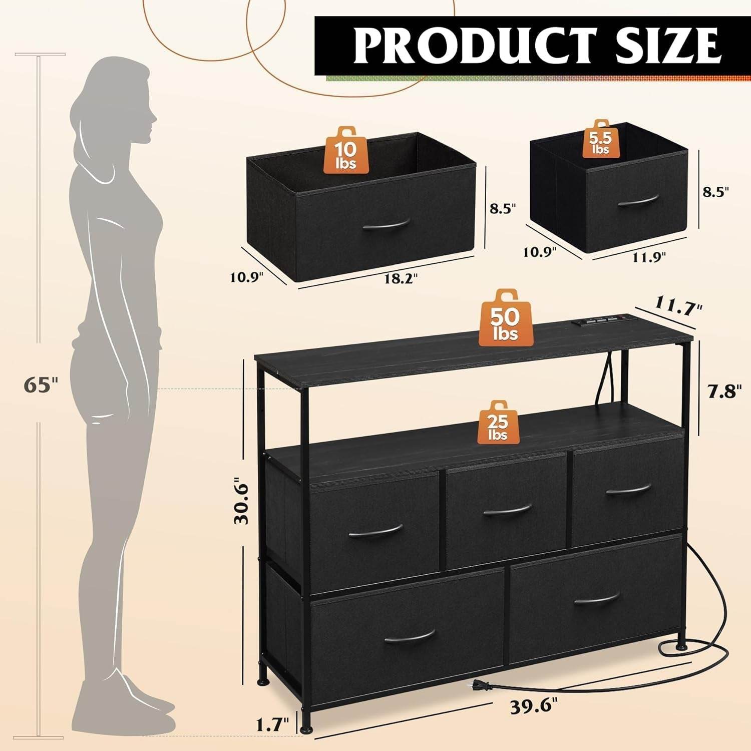 Dresser TV Stand with Open Shelf and Power Outlet, in Black with 5 Drawers - Loft&Timber