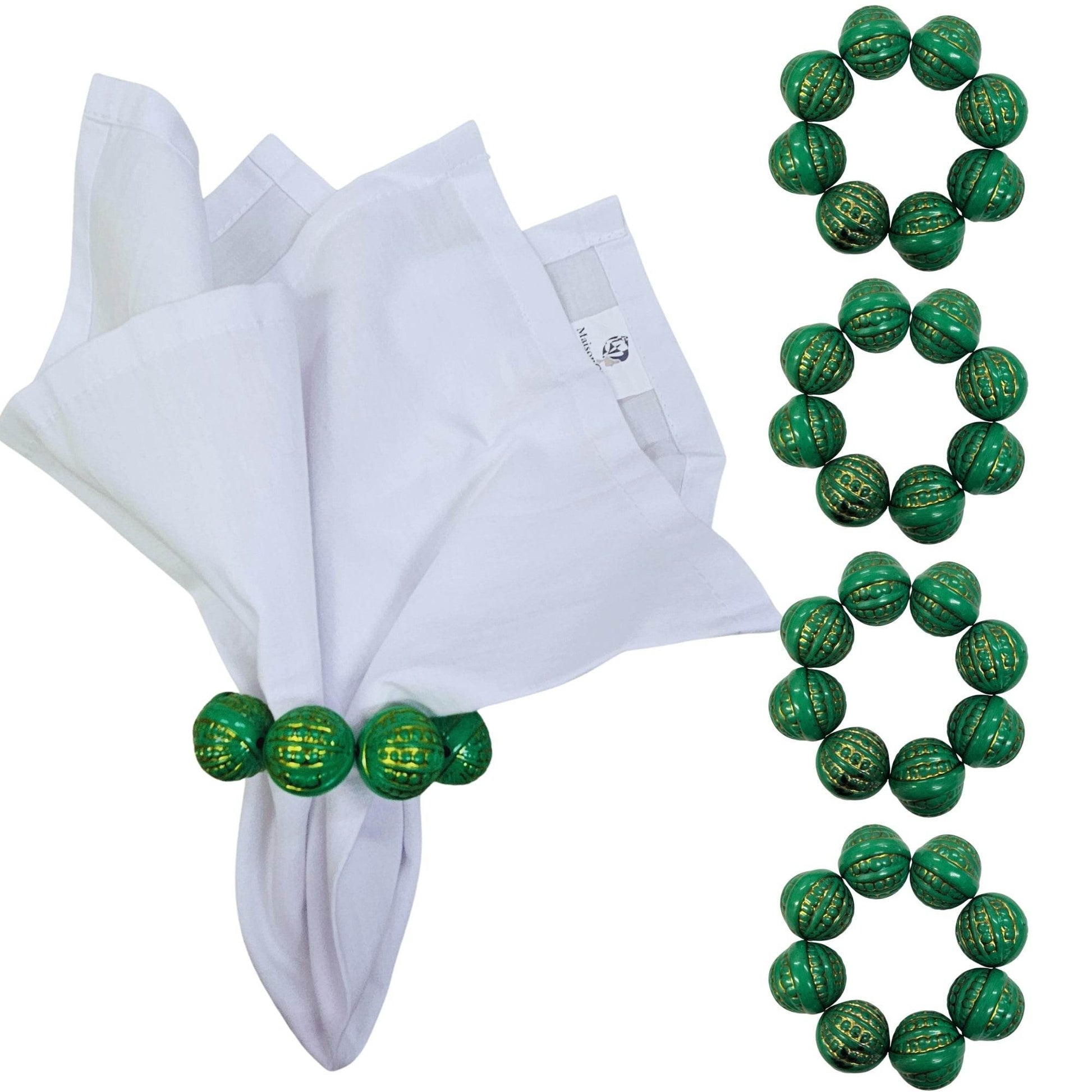 Maison Charlô | Set 4 Green Shine Beaded Napkin Rings | Rustic Napkin Ring | Handmade - Loft&Timber