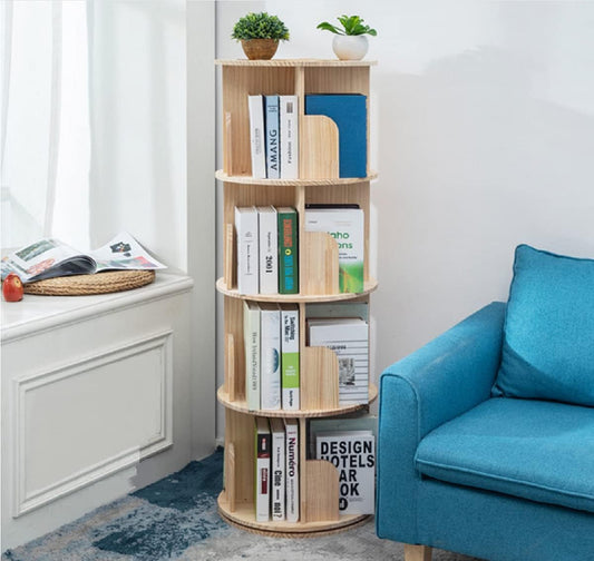 Rotating Bookshelf 360 Display 4 Tier Floor Standing Bookcase Storage Rack for Kids&Adults Solid Wood Bookshelf Organizer-0