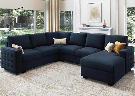 Velvet U-Sectional Sleeper Sofa, Pull-Out Bed, Blue - Loft&Timber