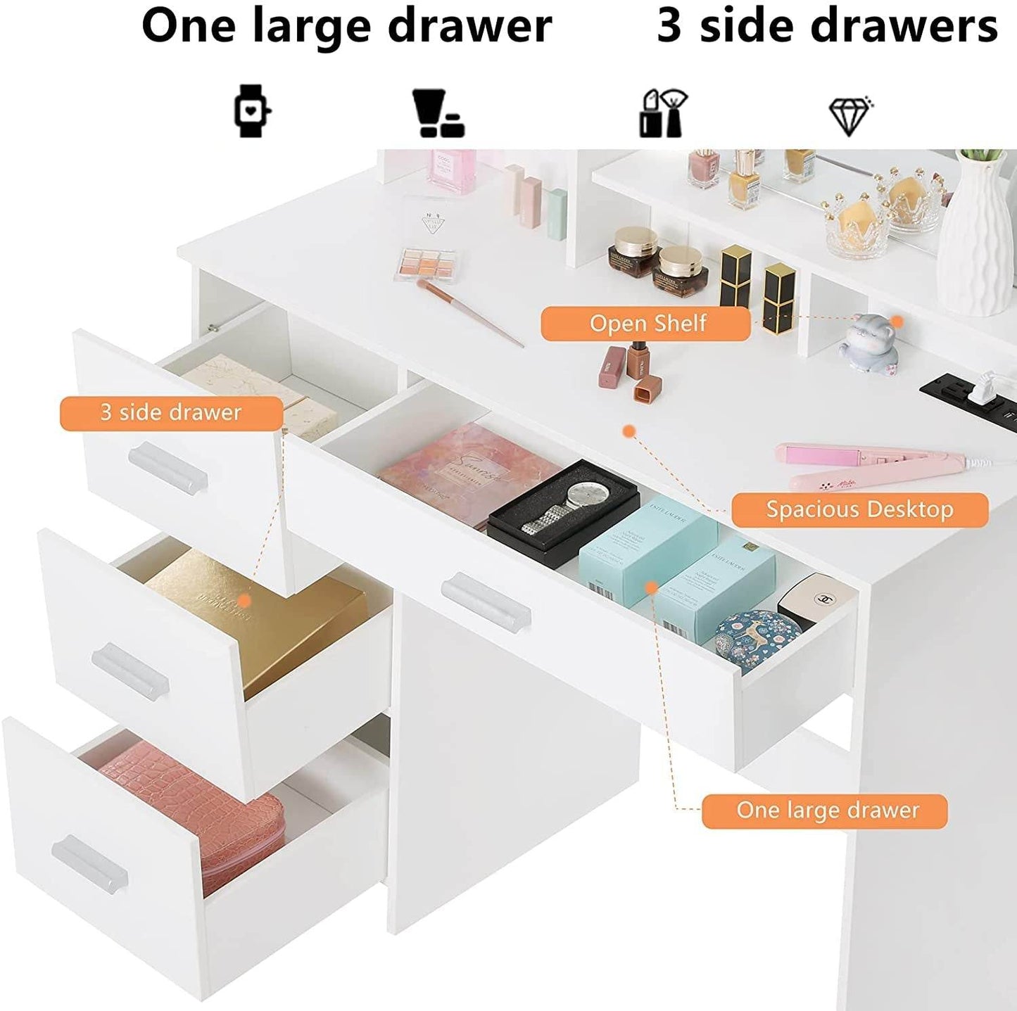 White Vanity Desk with Lighted Mirror and Charging Station - Loft&Timber