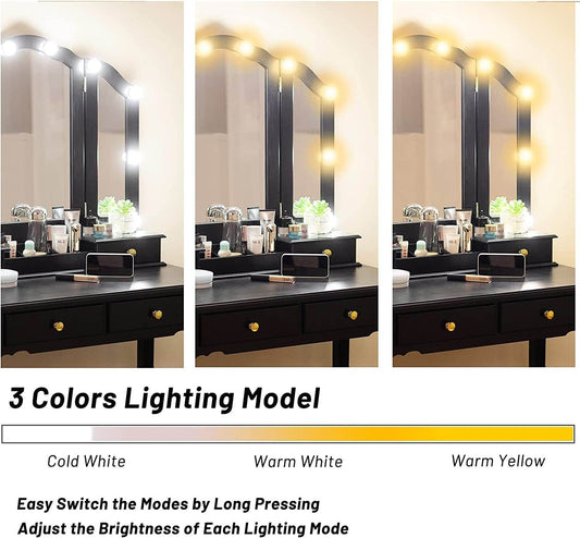 Tri-Fold Makeup Vanity with Lights, Mirror, Stool, 4 Drawers (Black) - Loft&Timber