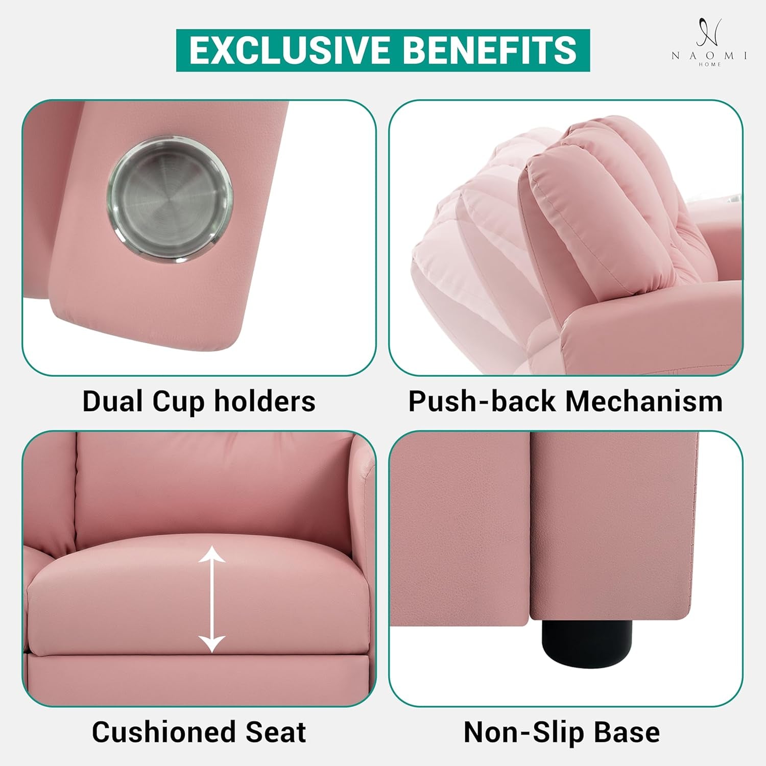 Suri Kids Recliner Loveseat – Spacious Toddler Recliner Chair Ages 3-5 with Cup Holders, Push-Back Function, and Adjustable Footrest - Pink-3