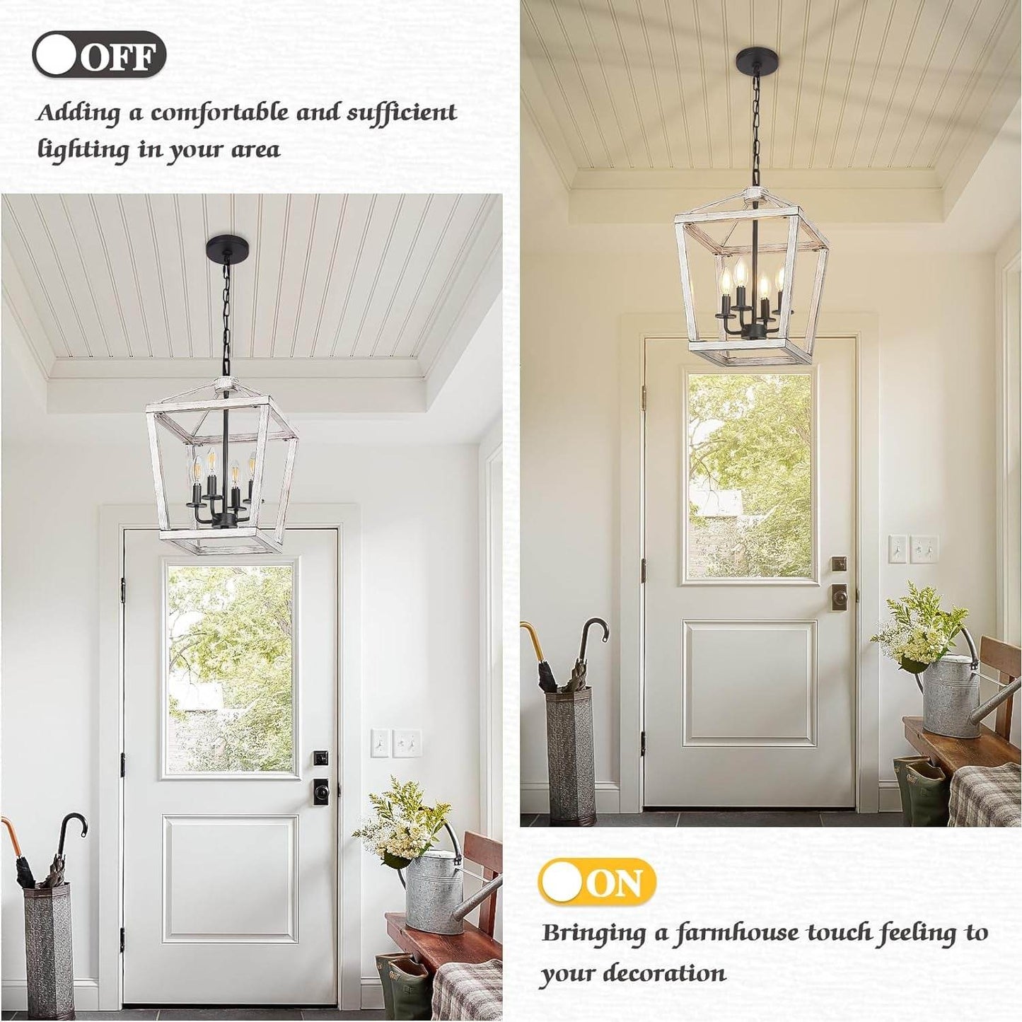 4 Light Rustic Chandelier, Farmhouse Lantern Fixture with Brushed White Oak Cage and Adjustable Chain, E12 Base Geometric Hanging Light Fixture Ceiling Lighting for Entryway Kitchen Island, Indoor Use - Loft&Timber