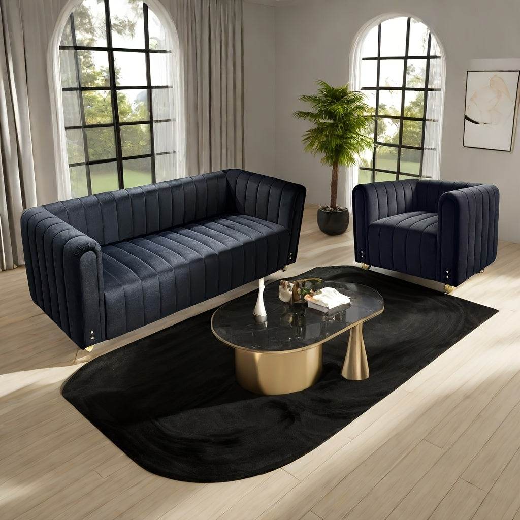 2-Piece Black Velvet Sofa Set With Golden Metal Legs - Loft&Timber