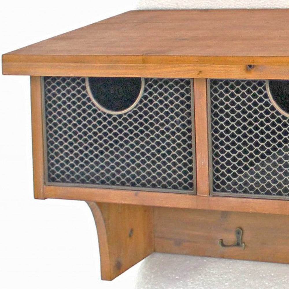 Brown Rustic Wooden Wall Shelf With 3 Drawers And Hooks - Loft&Timber
