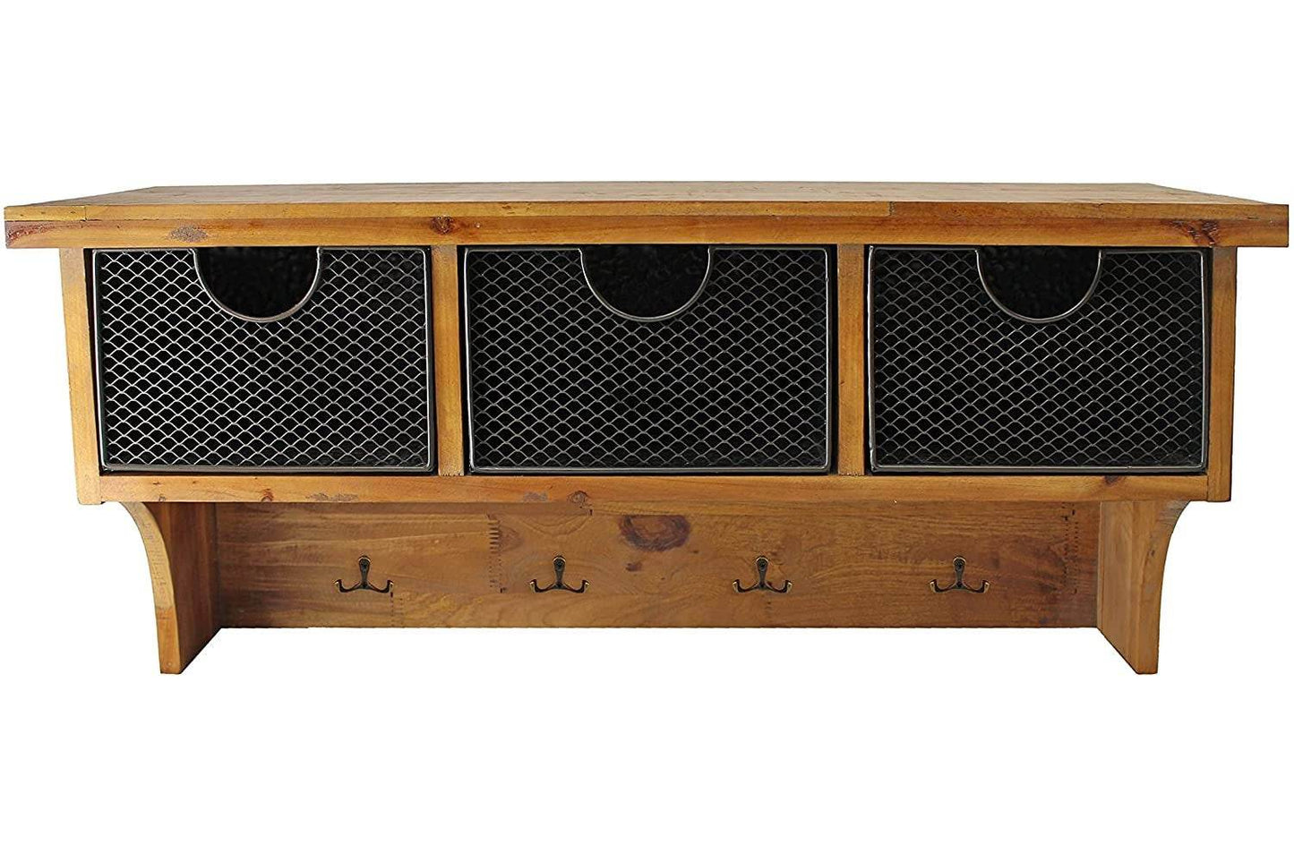 Brown Rustic Wooden Wall Shelf With 3 Drawers And Hooks - Loft&Timber