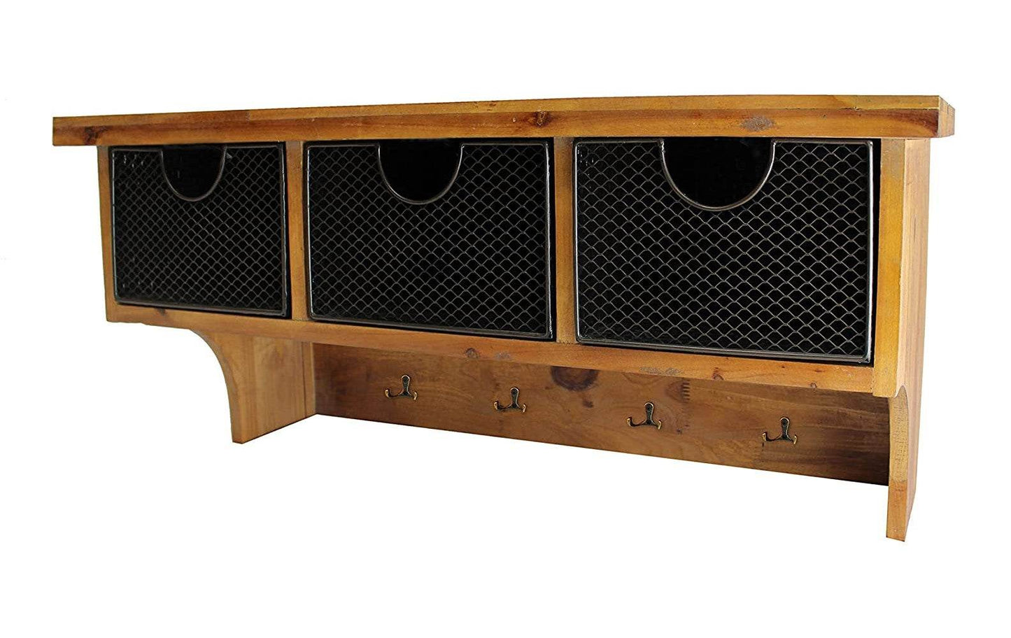 Brown Rustic Wooden Wall Shelf With 3 Drawers And Hooks - Loft&Timber