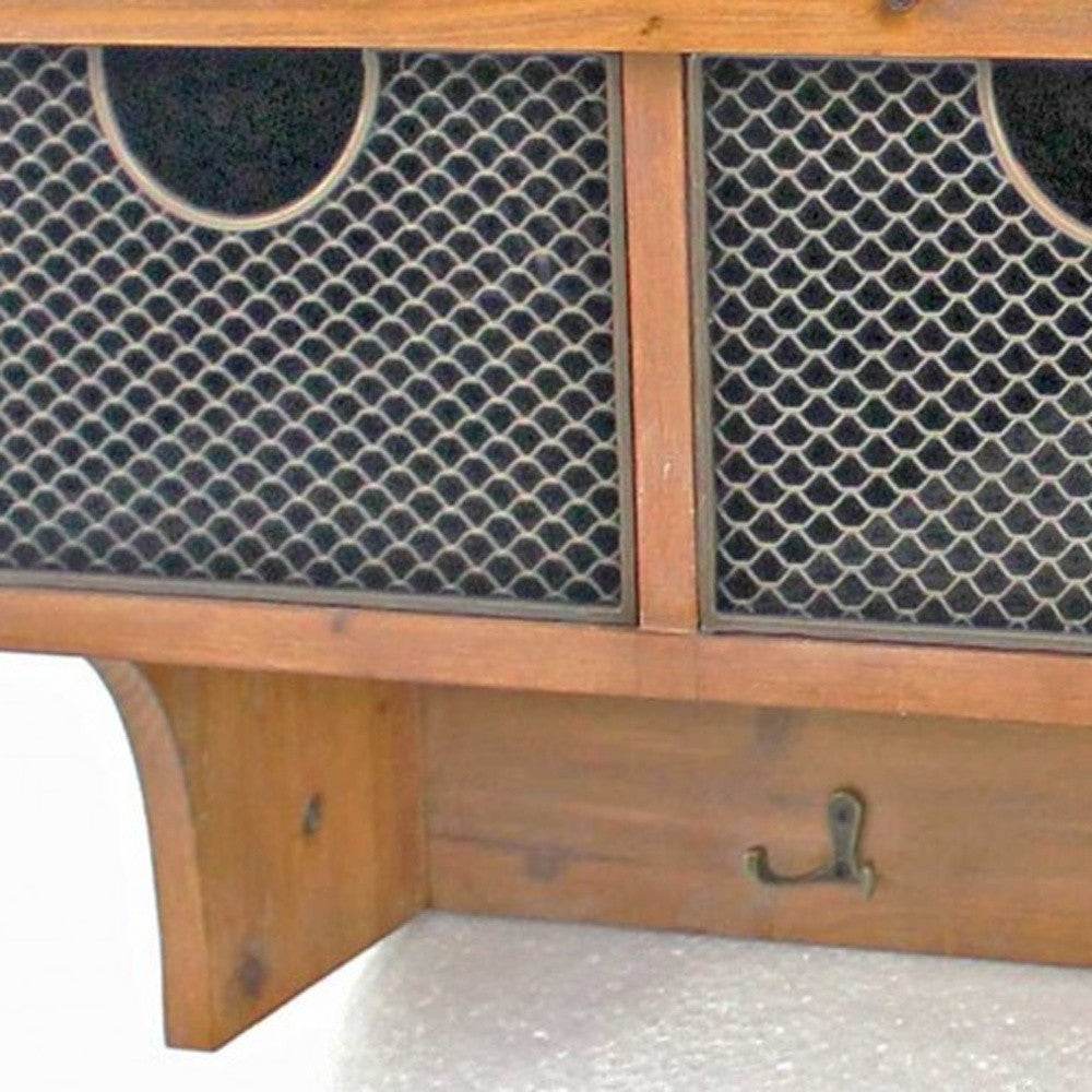 Brown Rustic Wooden Wall Shelf With 3 Drawers And Hooks - Loft&Timber
