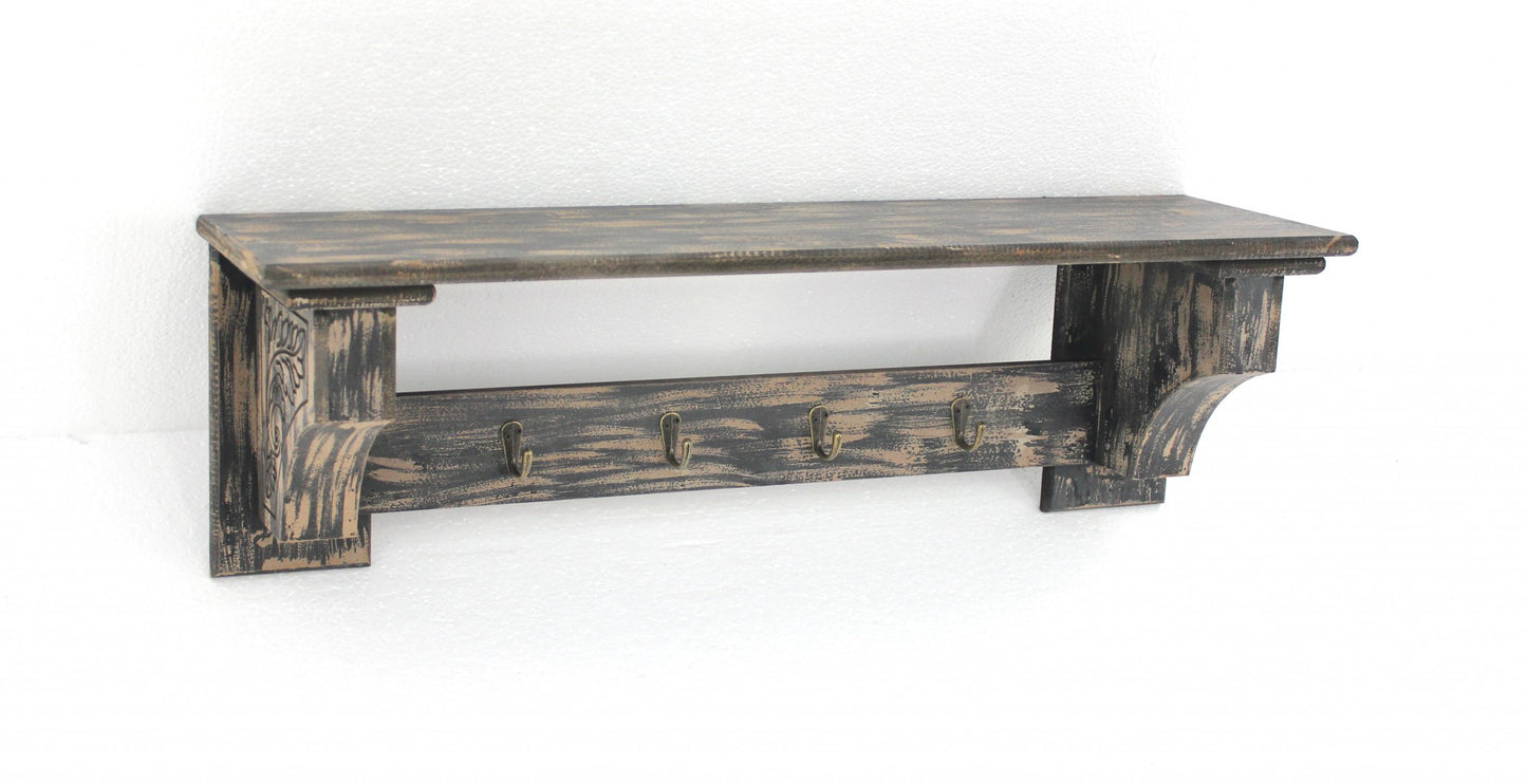 30" Black Distressed Wood Four Hook Wall Mounted Hanging Coat Rack-3