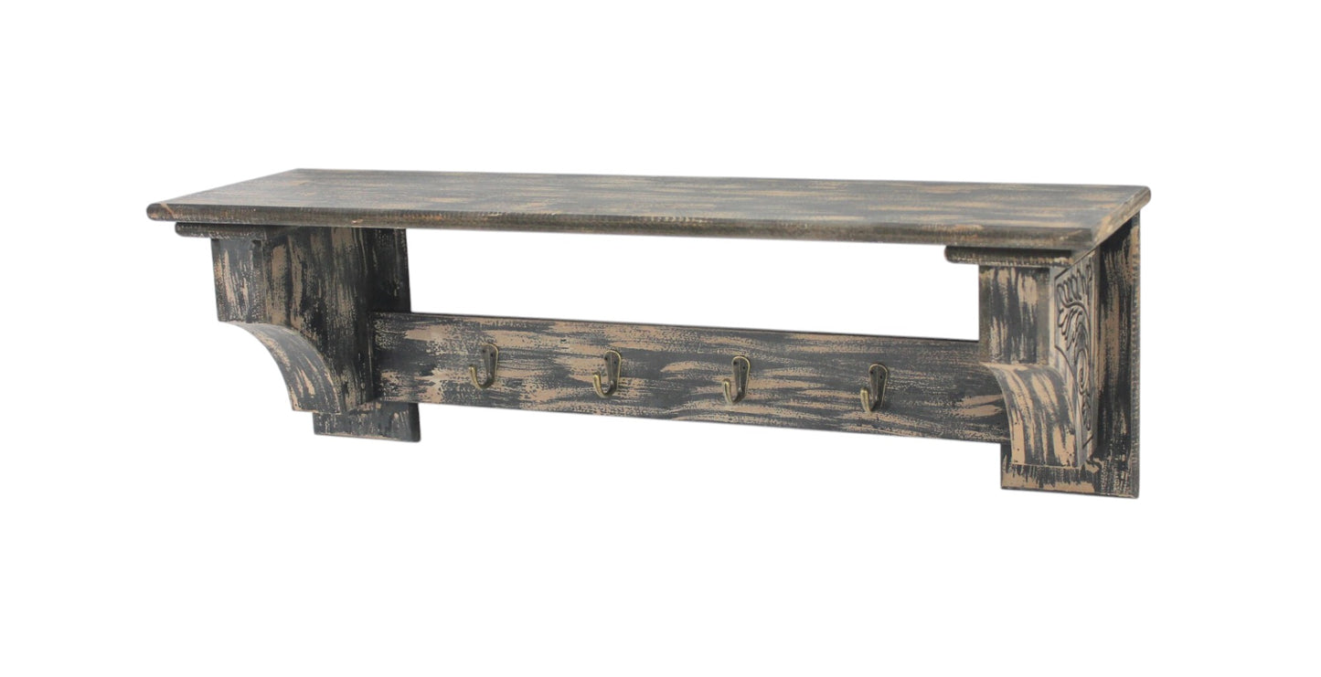 30" Black Distressed Wood Four Hook Wall Mounted Hanging Coat Rack-1
