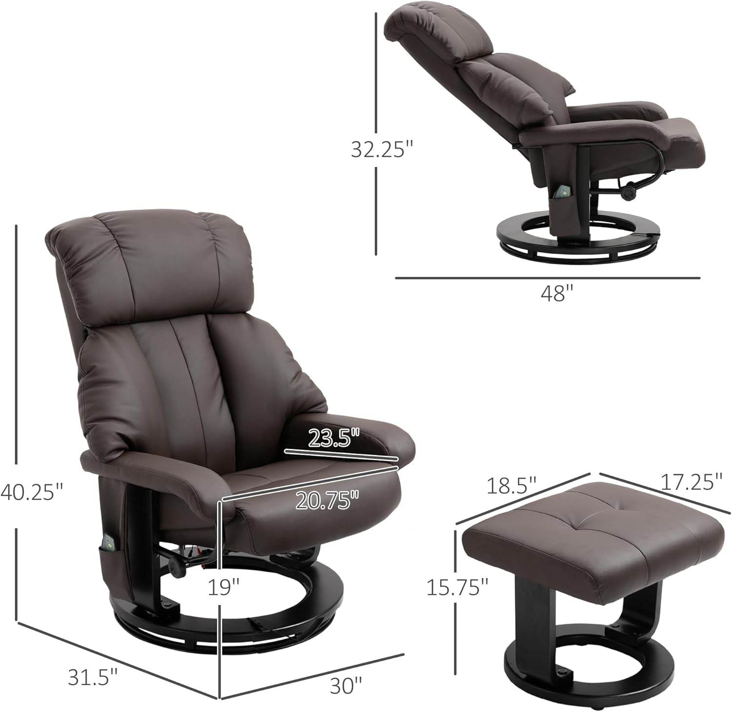 Massage Recliner Chair with Ottoman, 360° Swivel Recliner and Footstool, Brown - Loft&Timber