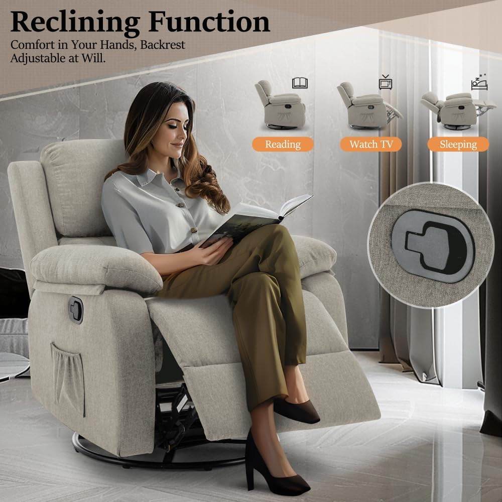 Recliner Chair, 360 Swivel Rocker Chair for Adults, Small Rocking Recliner Chair for Small Spaces, Upholstered Fabric Glider Recliner Nursery Chair with Side Pockets for Living Room, Nursery - Loft&Timber