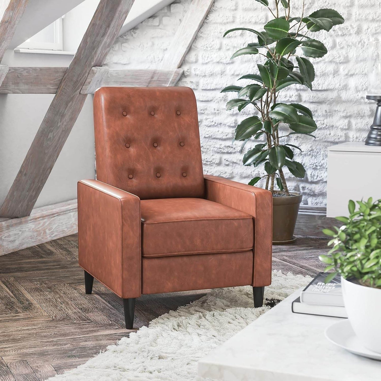 Erza Leathersoft Button Tufted Pushback Recliner, Mid-Century Modern Recliner Chair, Cognac Brown - Loft&Timber