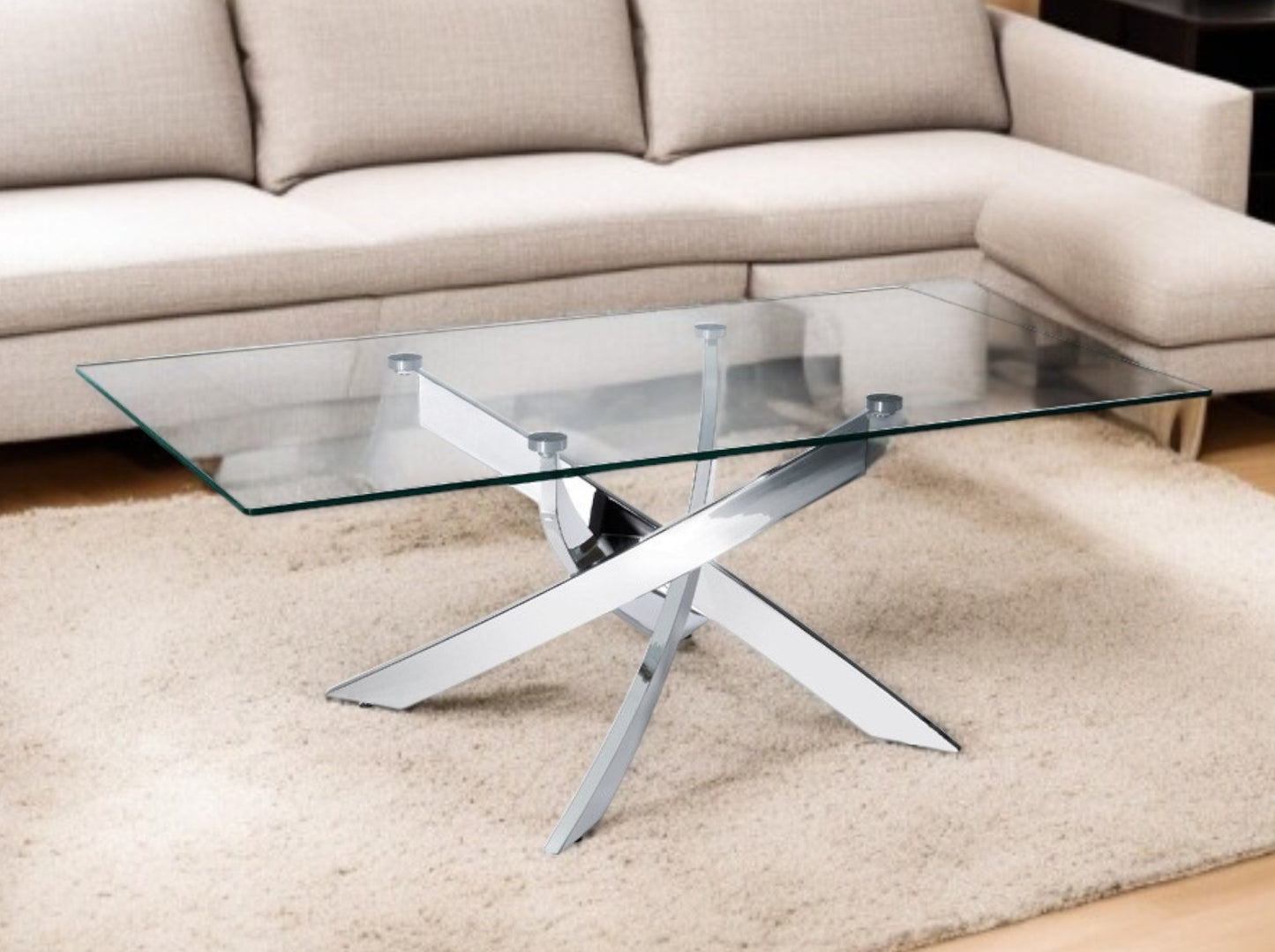 47" Clear and Silver Glass And Steel Cross Legs Coffee Table - Loft&Timber