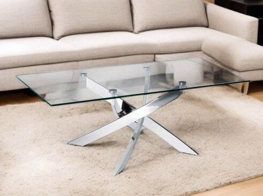 47" Clear and Silver Glass And Steel Cross Legs Coffee Table - Loft&Timber