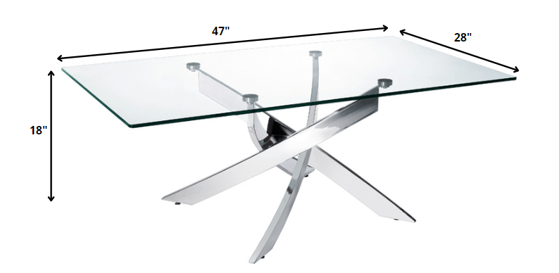 47" Clear and Silver Glass And Steel Cross Legs Coffee Table - Loft&Timber