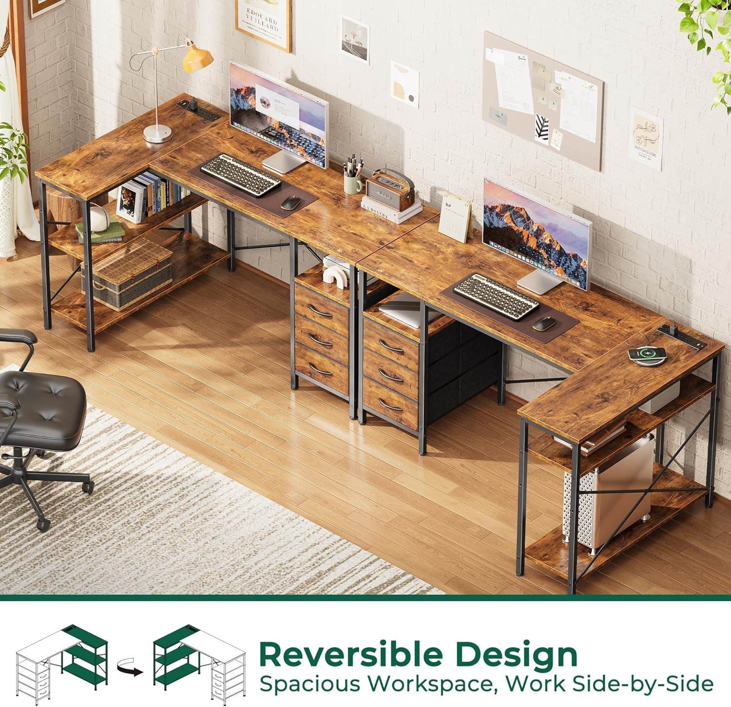 L Shaped Desk with Power Outlets in Rustic Brown - Loft&Timber