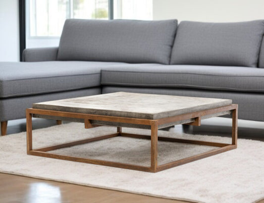 42" Dark Gray and Rust Concrete And Iron Square Abstract Coffee Table - Loft&Timber