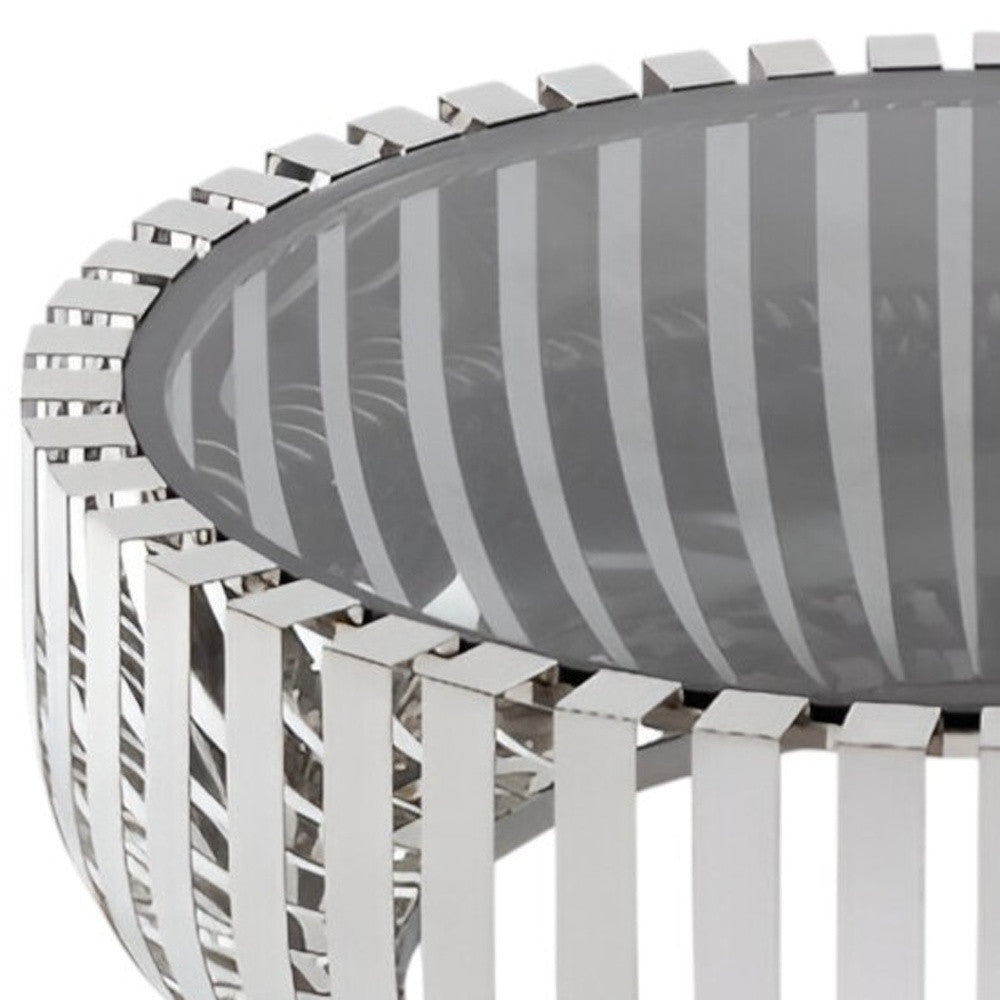 39" Clear and Silver Glass And Stainless Steel Round Abstract Coffee Table - Loft&Timber