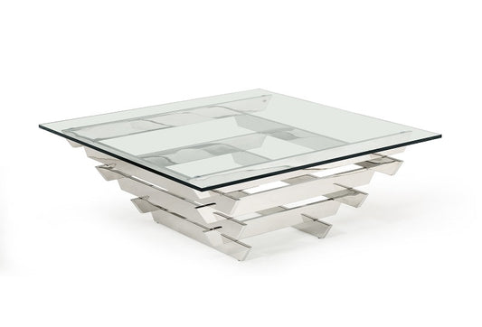 39" Clear and Silver Glass And Stainless Steel Square Sled Coffee Table With Shelf - Loft&Timber