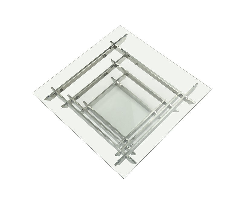 39" Clear and Silver Glass And Stainless Steel Square Sled Coffee Table With Shelf - Loft&Timber