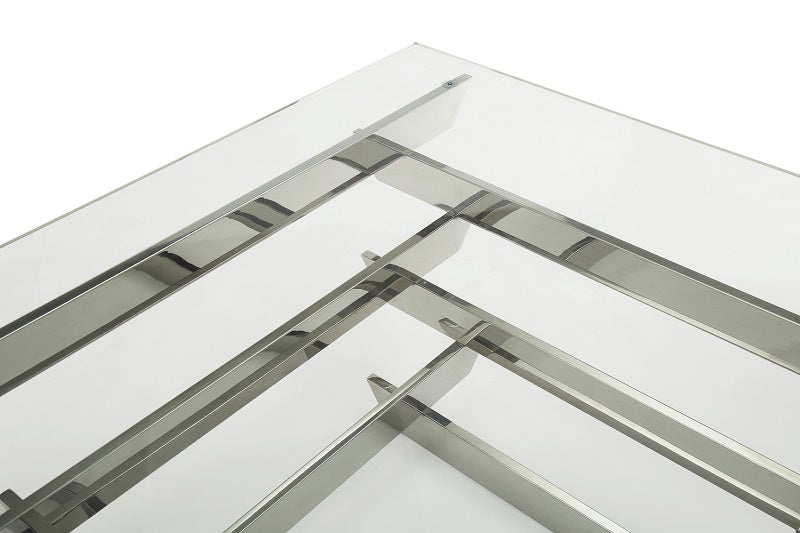 39" Clear and Silver Glass And Stainless Steel Square Sled Coffee Table With Shelf - Loft&Timber