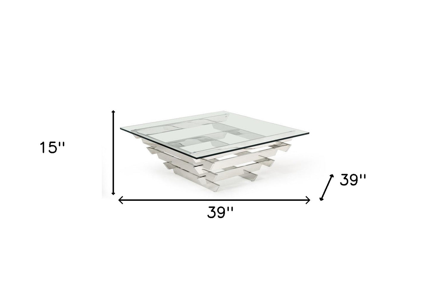 39" Clear and Silver Glass And Stainless Steel Square Sled Coffee Table With Shelf - Loft&Timber