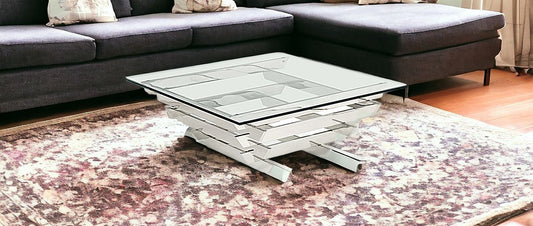 39" Clear and Silver Glass And Stainless Steel Square Sled Coffee Table With Shelf - Loft&Timber
