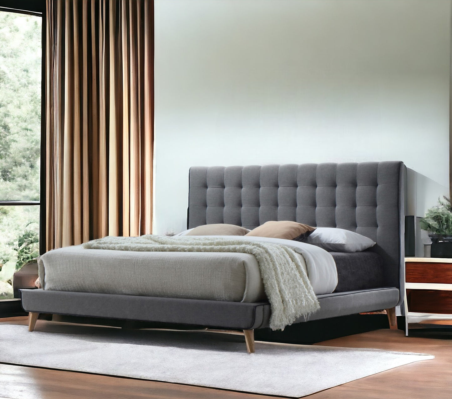 Light Gray Queen Tufted Upholstered Linen Bed Frame-1
