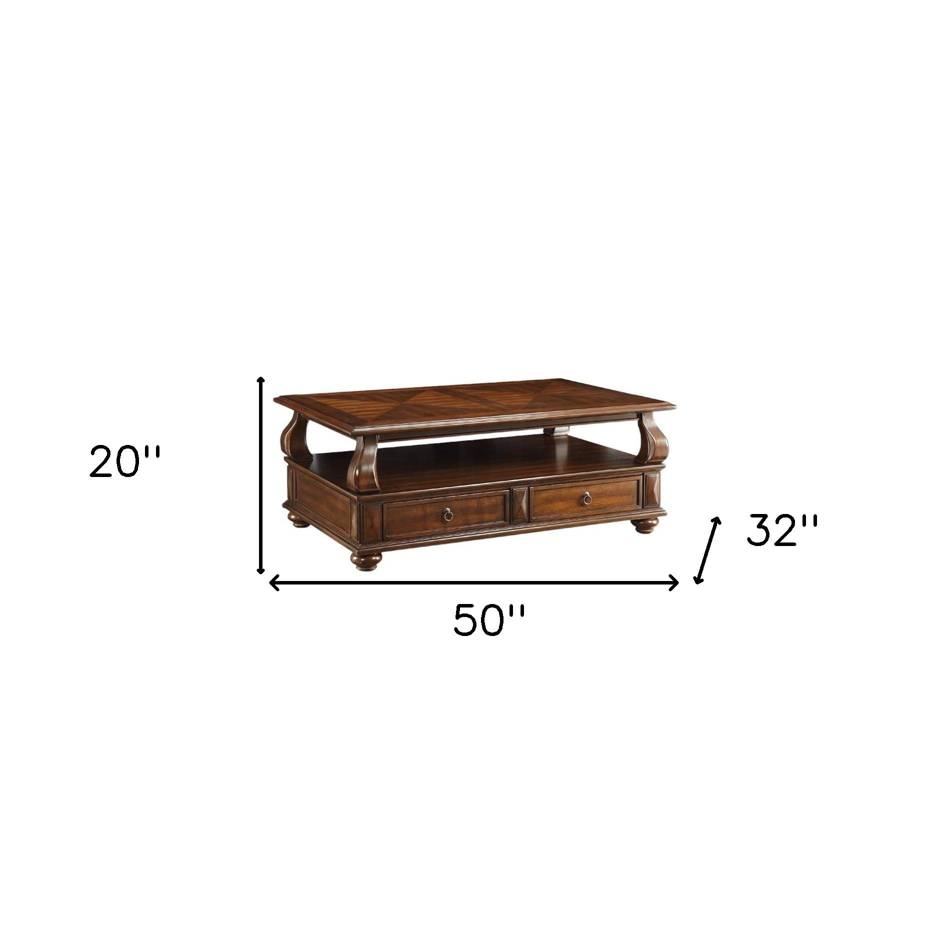 50" Dark Brown Solid Wood Coffee Table With Two Drawers And Shelf - Loft&Timber