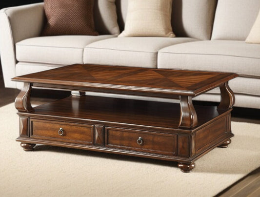 50" Dark Brown Solid Wood Coffee Table With Two Drawers And Shelf - Loft&Timber
