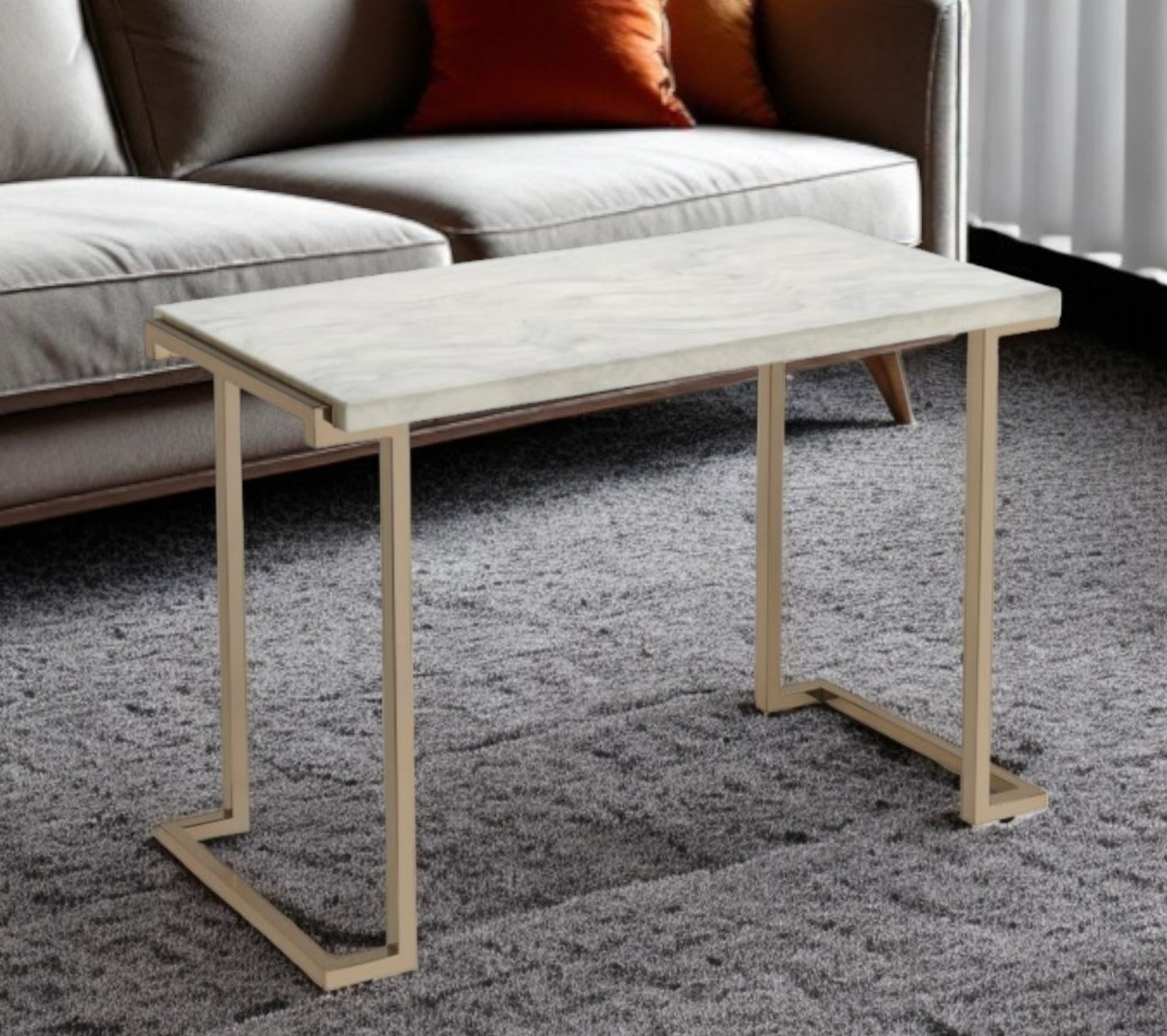 44" White and Gold Faux Marble And Iron Sled Coffee Table - Loft&Timber