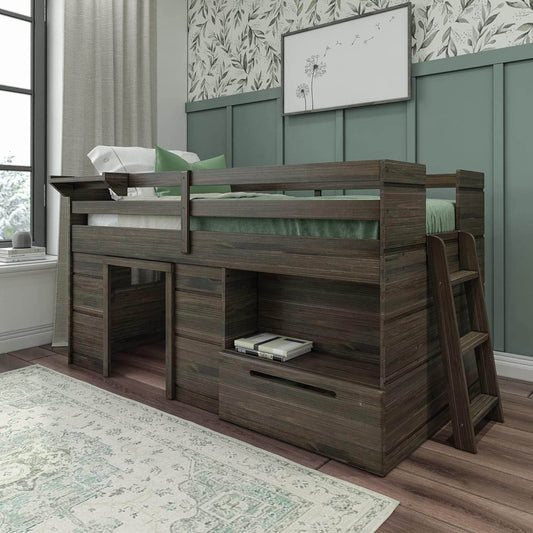 Loft Bed Twin Size, Solid Wood Low Loft Bed with Storage Drawer and Ladder, Modern Farmhouse Loft Bed for Kids, Barnwood Brown - Loft&Timber