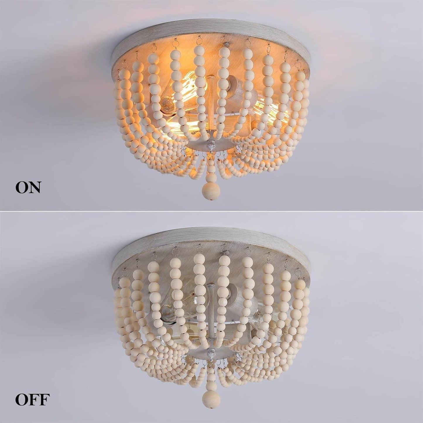 Wood Beaded Chandelier,Boho Farmhouse Light Fixture,Oak White,3 Lights,Semi Flush Mount Ceiling Light Fixtures for Hallway Baby'S Nursery Bedroom Kitchen Living Room - Loft&Timber