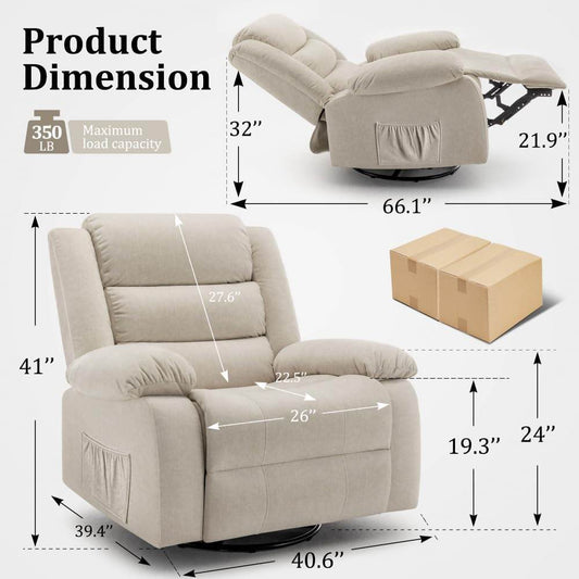 Recliner Chair, Wide Rocker Chair, Rocking Chair with Massage and Heat,360°Swivel Nursery Rocking Chairs, Oversized Recliner for Adults, Cashmere Reclining Sofa for Living Room, Beige - Loft&Timber