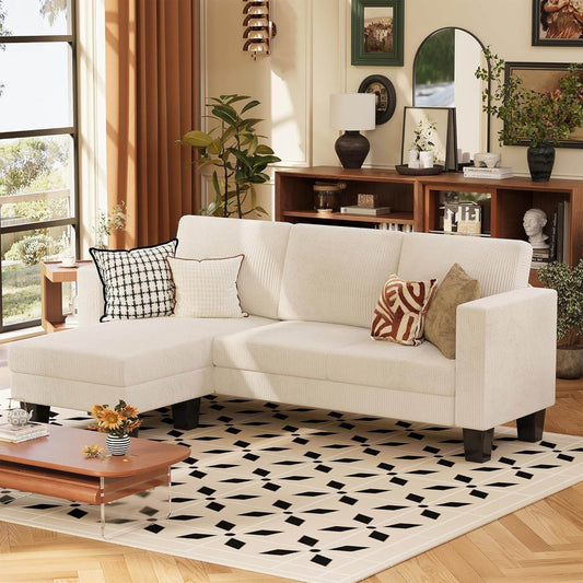 Convertible Sectional Sofa Couch, 3 Seat L-Shaped Sofa with Ottoman(Corduroy, Cream) - Loft&Timber