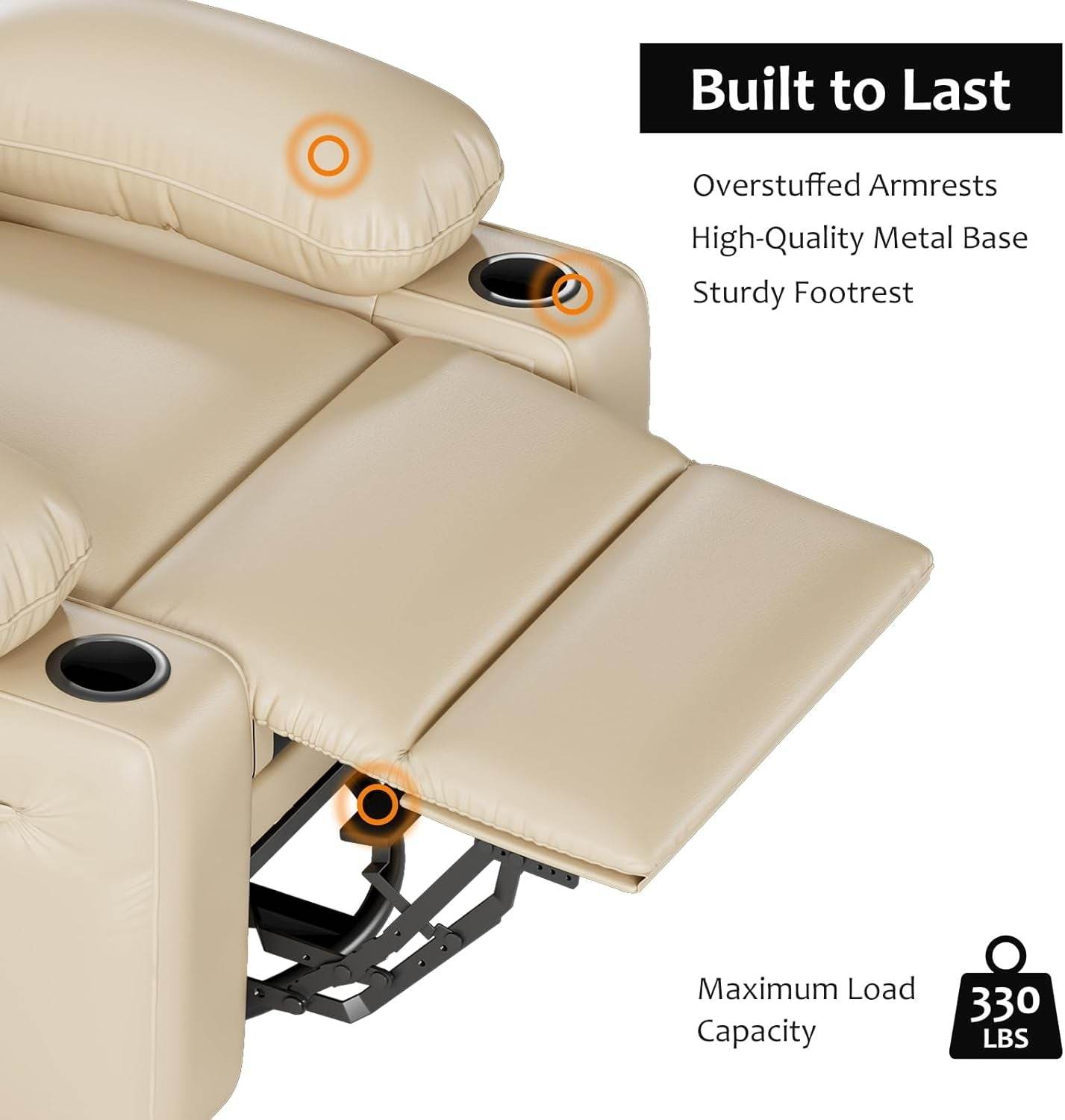 Leather Recliner Chair, Manual Recliner W/Comfortable Arms and Cup Holders for Living Room CF8011 - Beige, Medium - Loft&Timber