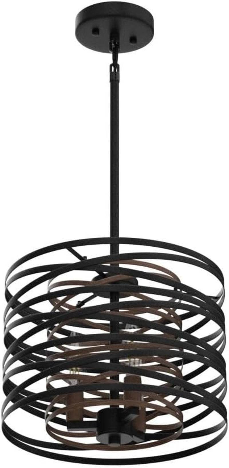 12.6'' Farmhouse Chandeliers for Dining Room, 3-Light Industrial Metal Hanging Light Fixture, Rustic Drum Pendant Light for Entryway Kitchen Foyer Bedroom, Black with Retro Wood Texture Interior - Loft&Timber