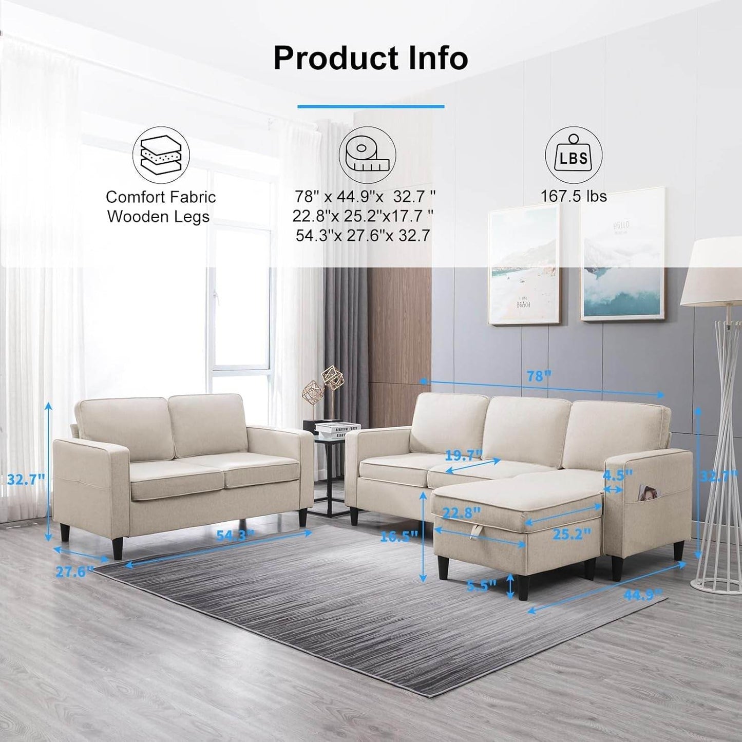 2 Piece Sofa Set, Sofa and Loveseat Sets for Living Room, L Shape Sectional Sofa with Chaise, 3 Seater Convertible Sectional Sofa Couch for Apartment - Loft&Timber