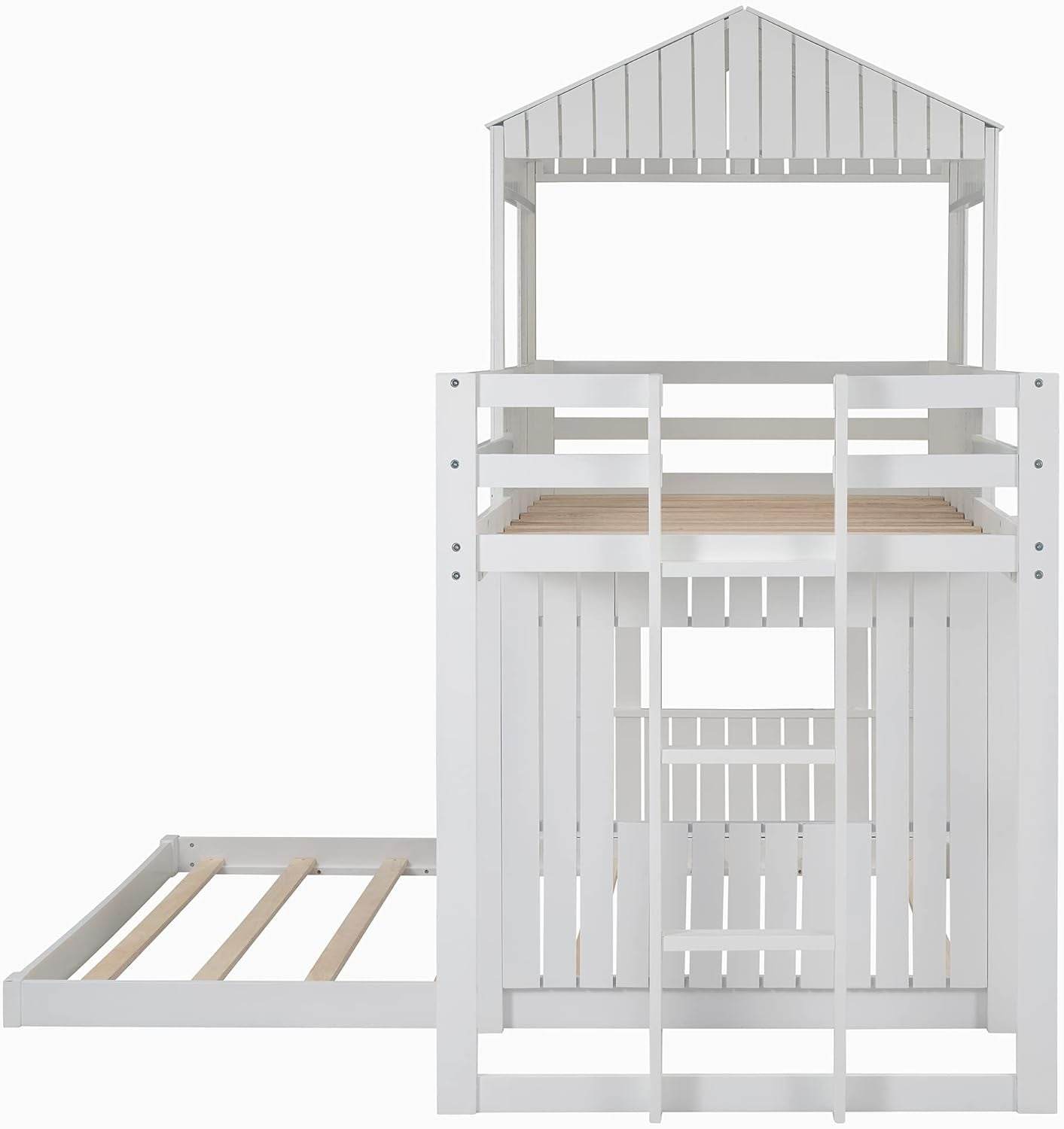 House Bunk Beds, Twin over Full Bunk Bed Wood Playhouse Bunkbed Low Bed Frame for Kids Toddlers Girls/Boys, White - Loft&Timber