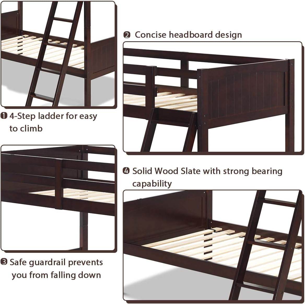 Wood Twin over Twin Bunk Beds Convertible 2 Individual Twin Beds for Kids Children, Solid Rubberwood Bunk Bed with Ladder and Safety Rail (Espresso) - Loft&Timber