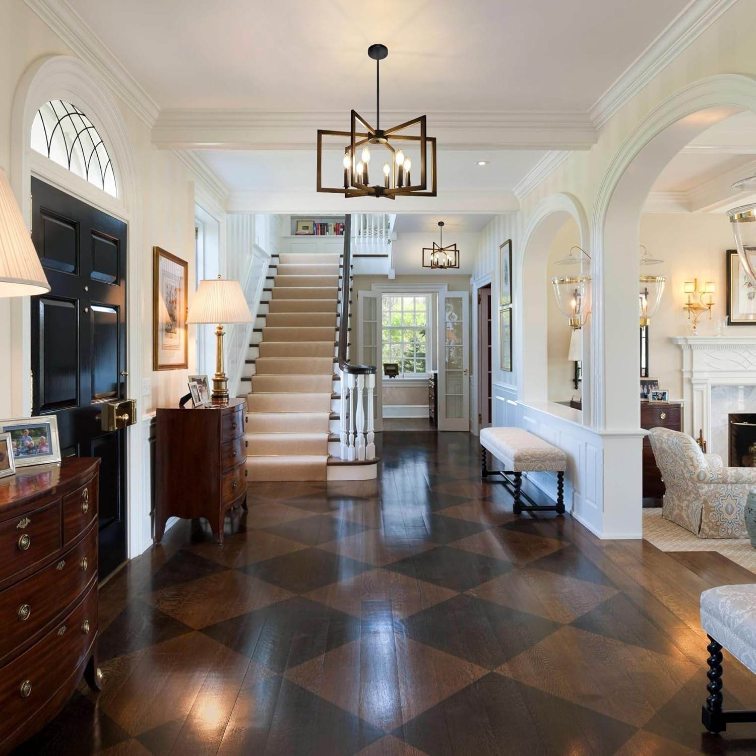 6-Light Modern Farmhouse Pendant Lights for Kitchen Island, Vintage Geometric Dining Room Lighting Hanging, Industrial Chandelier for Hallway Foyer, Retro Wood Texture and Black Finish - Loft&Timber