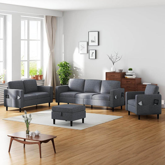 6 Seaters Sectional Upholstered Sofa, Linen Fabric Sofa Couch with Side Pockets, Free Combination Sofa Set with Movable Storage Ottoman, for Living Room-Sofa&Loveseat&Chair&Ottoman,Dark Grey - Loft&Timber