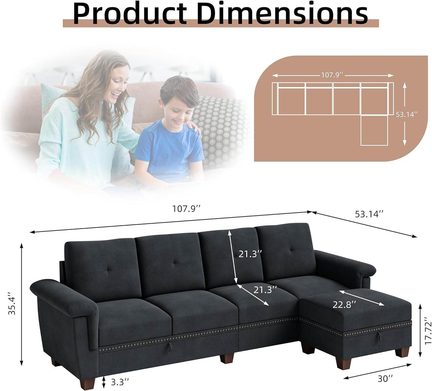 Dark Gray L-Shaped Sectional Couch with Storage - Loft&Timber
